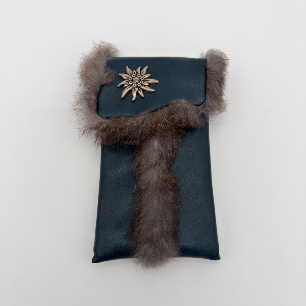 Navy Leather Edelweiss Fur Trim Pouch Phone Case Glasses Sleeve Navy Blue